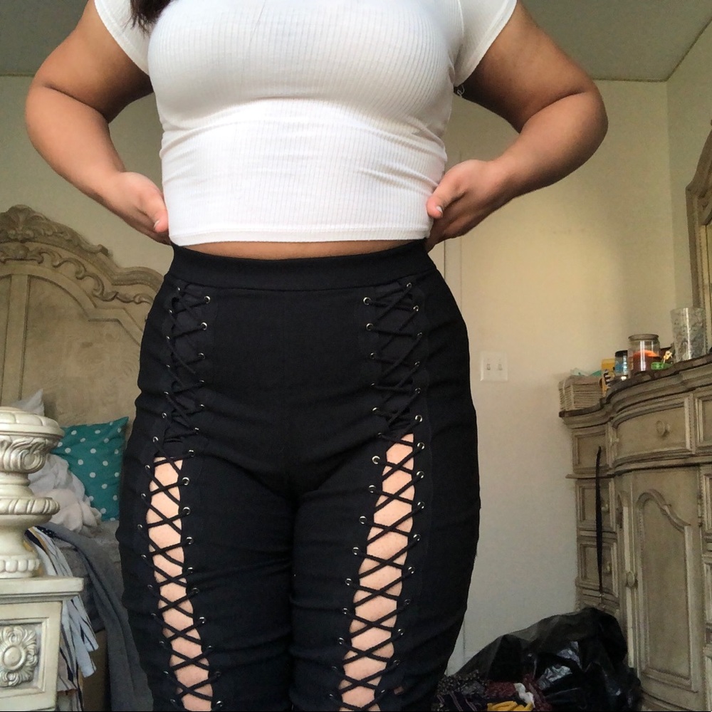black laced up pants